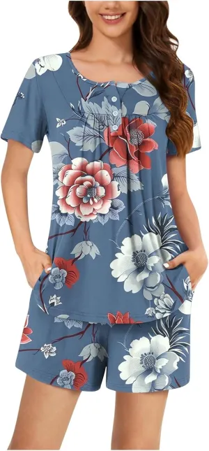 Plus Size Pajama Sets for Women Summer 2 Piece Floral Print Comfy Soft Sleepwear Sets Button Up Loungewear Pjs Outfits