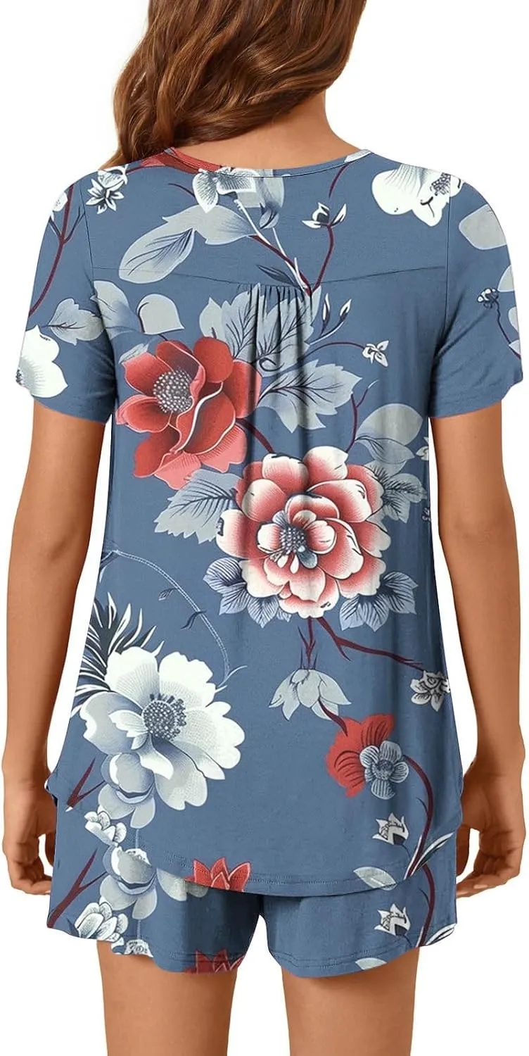 Plus Size Pajama Sets for Women Summer 2 Piece Floral Print Comfy Soft Sleepwear Sets Button Up Loungewear Pjs Outfits