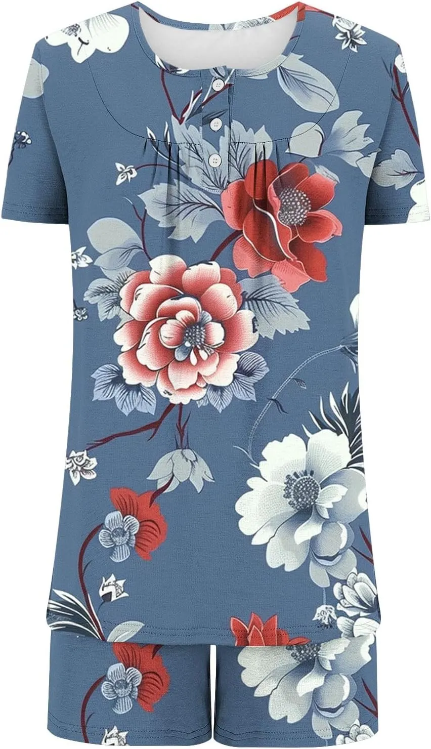 Plus Size Pajama Sets for Women Summer 2 Piece Floral Print Comfy Soft Sleepwear Sets Button Up Loungewear Pjs Outfits