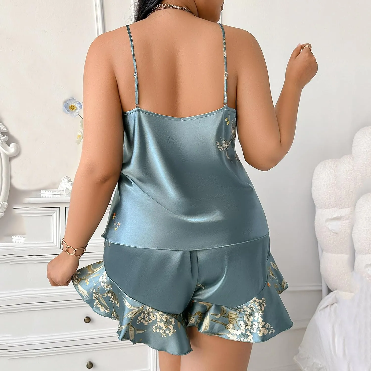 Plus Size Silk Pajamas Set for Women Summer Sexy Floral Printed Satin V-Neck Camisole and Ruffle Shorts 2 Piece Pjs Sleepwear