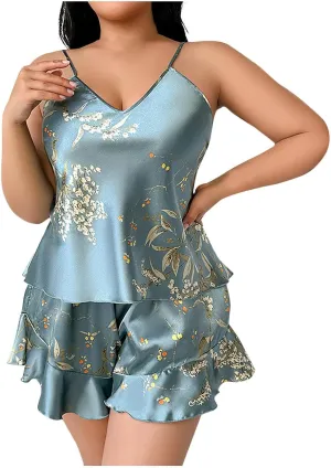 Plus Size Silk Pajamas Set for Women Summer Sexy Floral Printed Satin V-Neck Camisole and Ruffle Shorts 2 Piece Pjs Sleepwear
