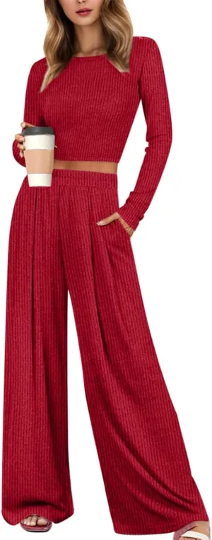 Plus Size Two Piece Outfits Long Sleeve Crop Top Wide Leg Pants Pajamas Sets Slim Fit Tracksuits Sleepwear Loungewear