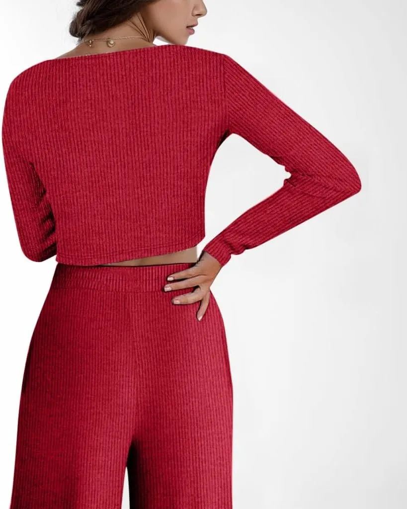 Plus Size Two Piece Outfits Long Sleeve Crop Top Wide Leg Pants Pajamas Sets Slim Fit Tracksuits Sleepwear Loungewear