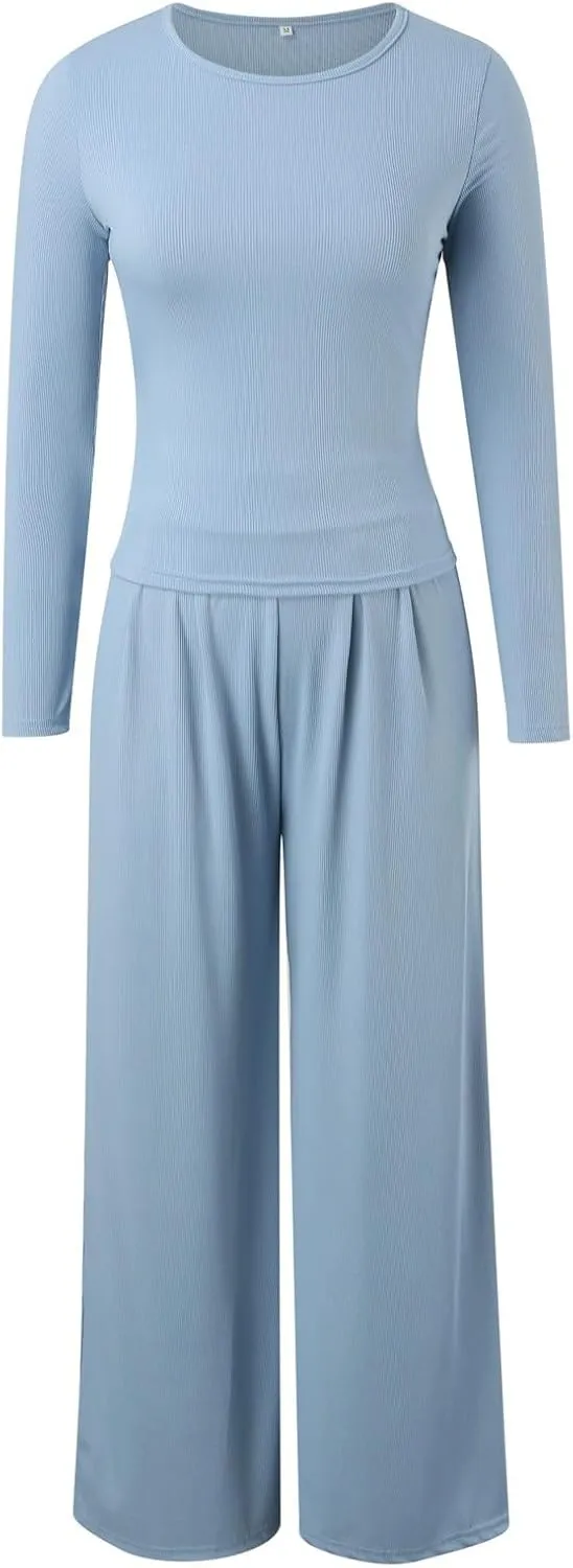Plus Size Two Piece Outfits Long Sleeve Crop Top Wide Leg Pants Pajamas Sets Slim Fit Tracksuits Sleepwear Loungewear