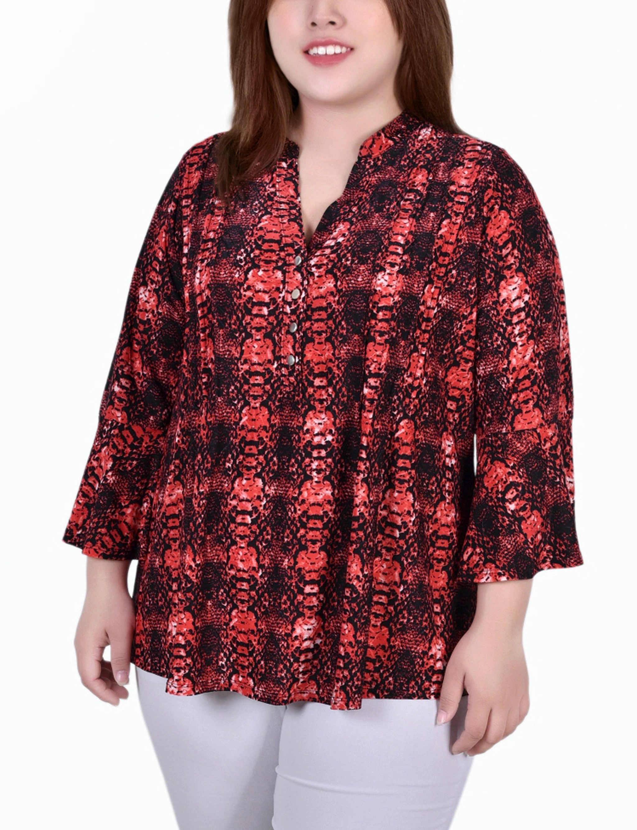 Bold Patterns Plus Size 3/4 Bell Sleeve Pleat Front Y Neck Top
