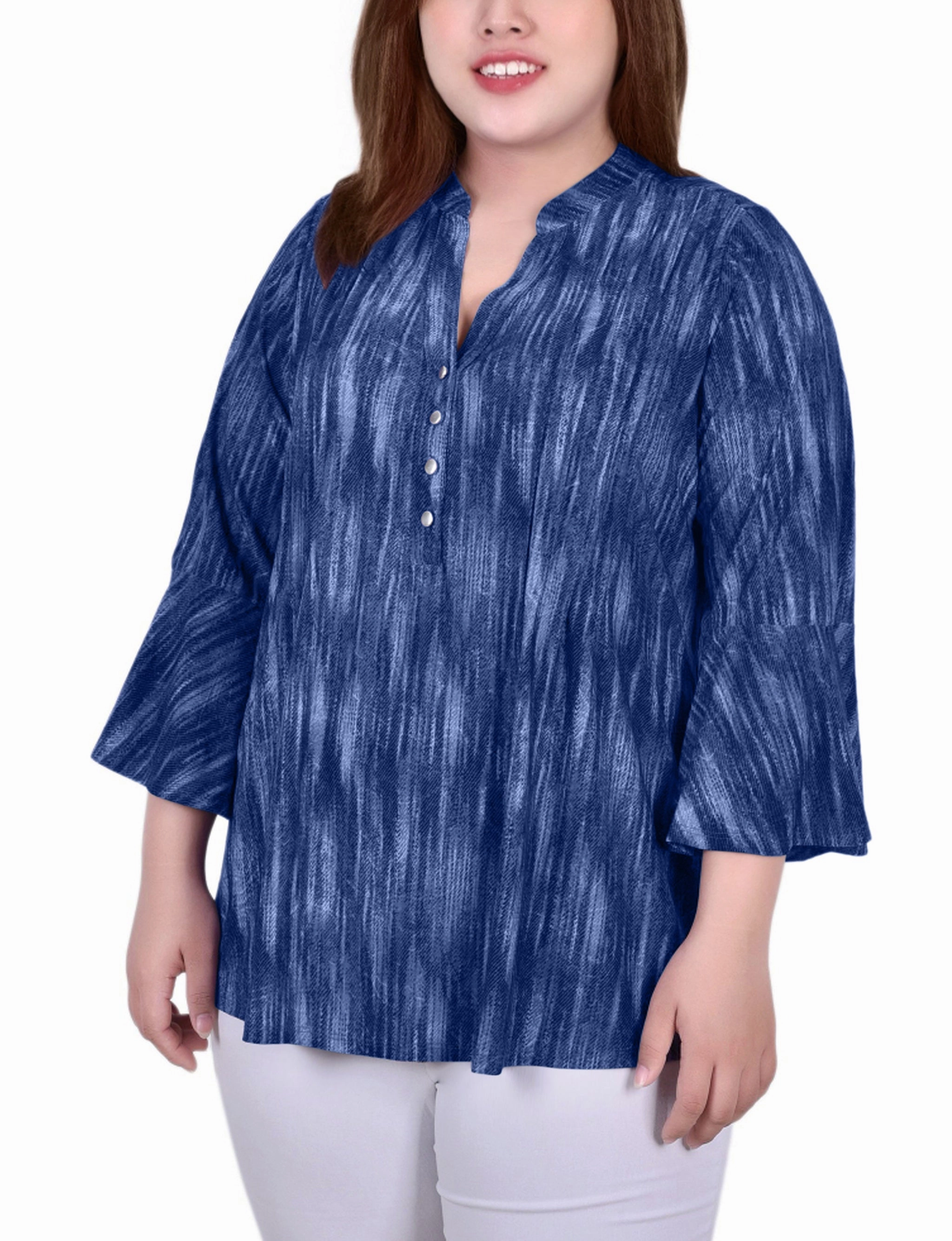 Plus Size 3/4 Bell Sleeve Pleat Front Y Neck Top TaglessCollars OdorControl