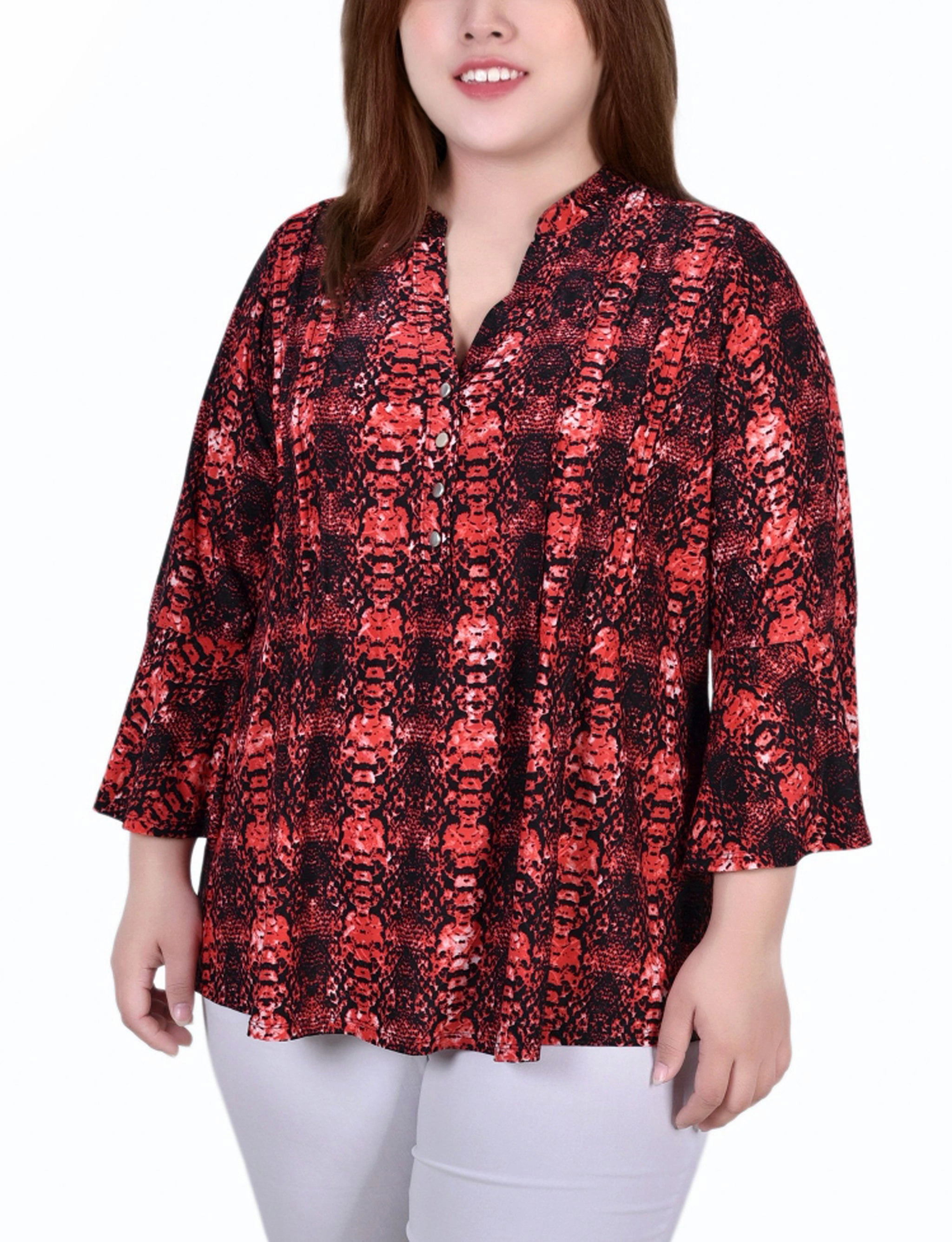 Minimalist Styling Low Profile Collar Plus Size 3/4 Bell Sleeve Pleat Front Y Neck Top