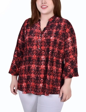Minimalist Styling Low Profile Collar Plus Size 3/4 Bell Sleeve Pleat Front Y Neck Top