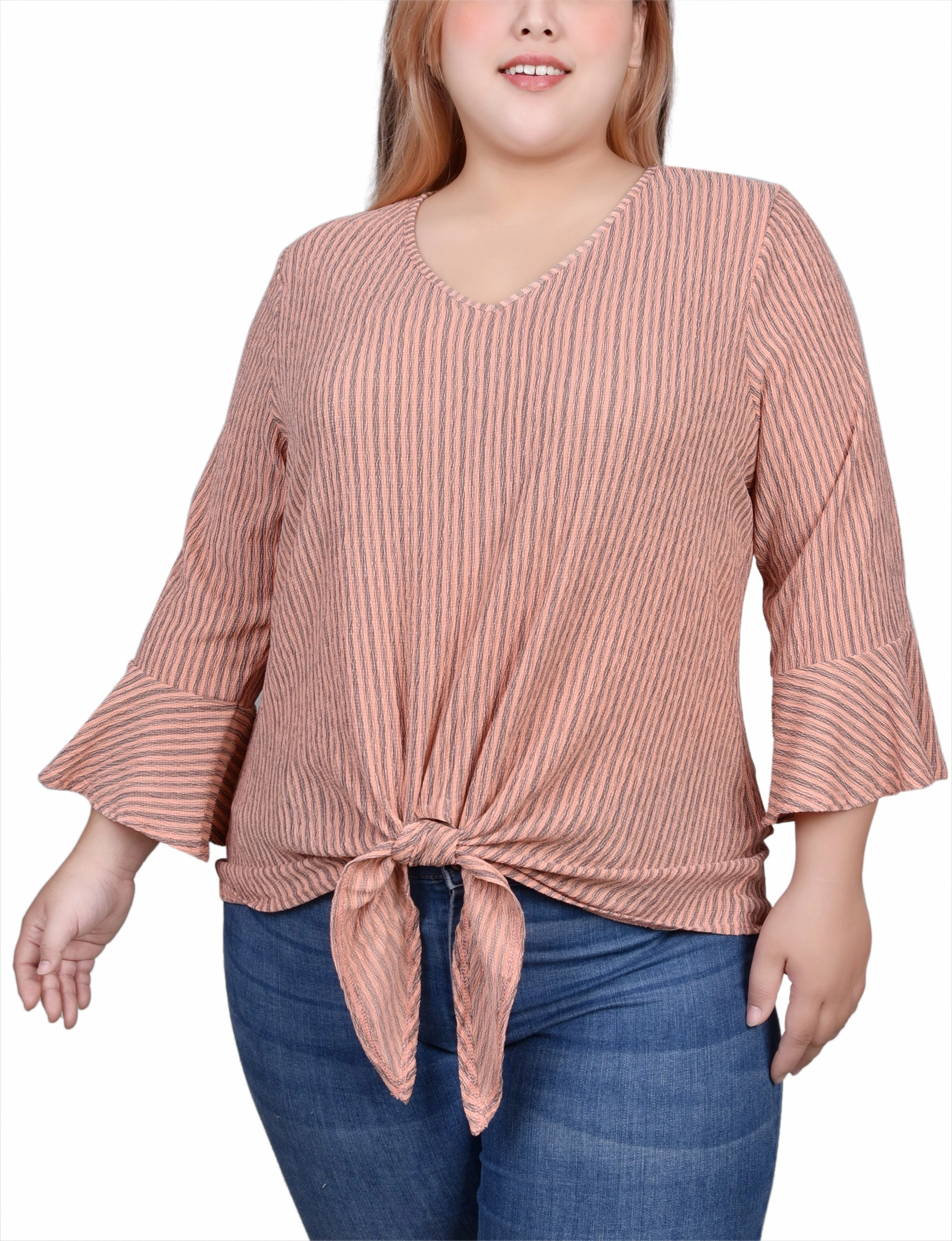 Plus Size 3/4 Bell Sleeve Textured Knit Top Anti Bacterial Layer