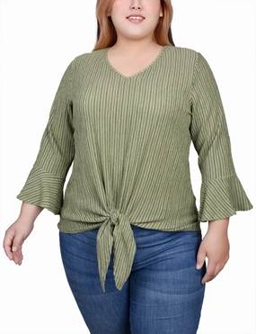 Plus Size 3/4 Bell Sleeve Textured Knit Top BreathableMeshInsert
