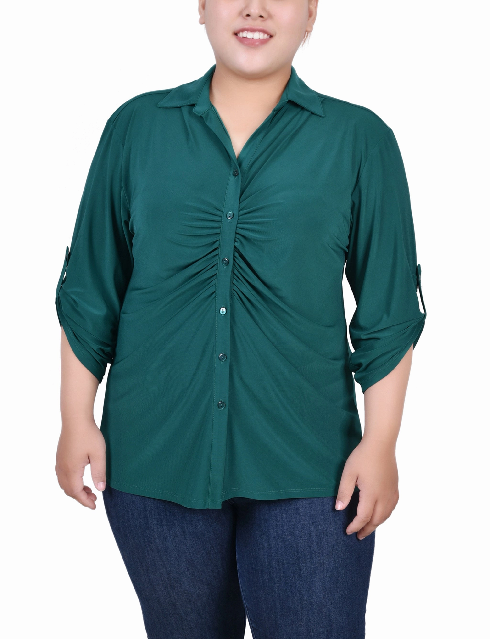 Chic Sweater V Neck Design Plus Size 3/4 Roll Tab Rouched-Front Top