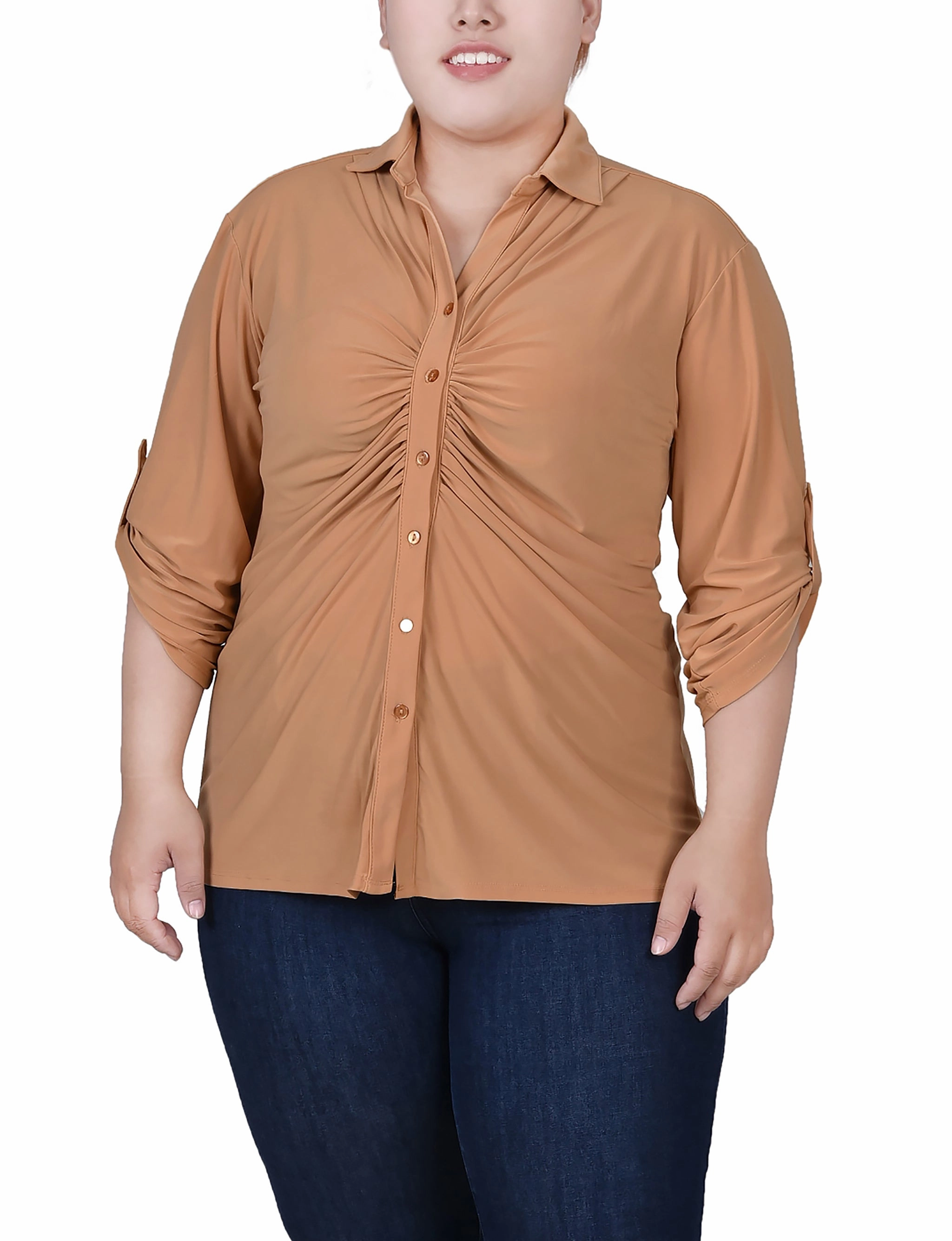 Earthy Tone Colorways Circular Knit Plus Size 3/4 Roll Tab Rouched-Front Top