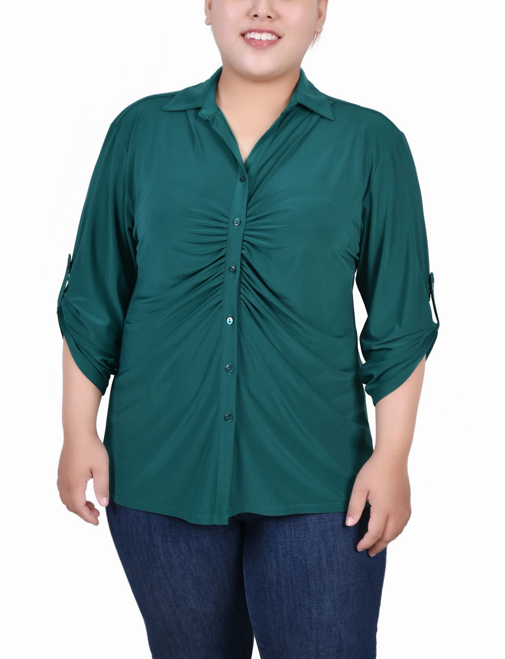 Wrinkle resistant fabric Soft Inner Lining Plus Size 3/4 Roll Tab Rouched-Front Top