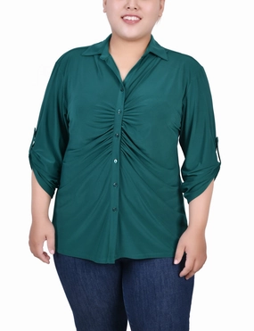 Chic Sweater V Neck Design Plus Size 3/4 Roll Tab Rouched-Front Top