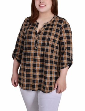 Plus Size 3/4 Roll Tab Sleeve Y Neck Top Reinforced Shoulders