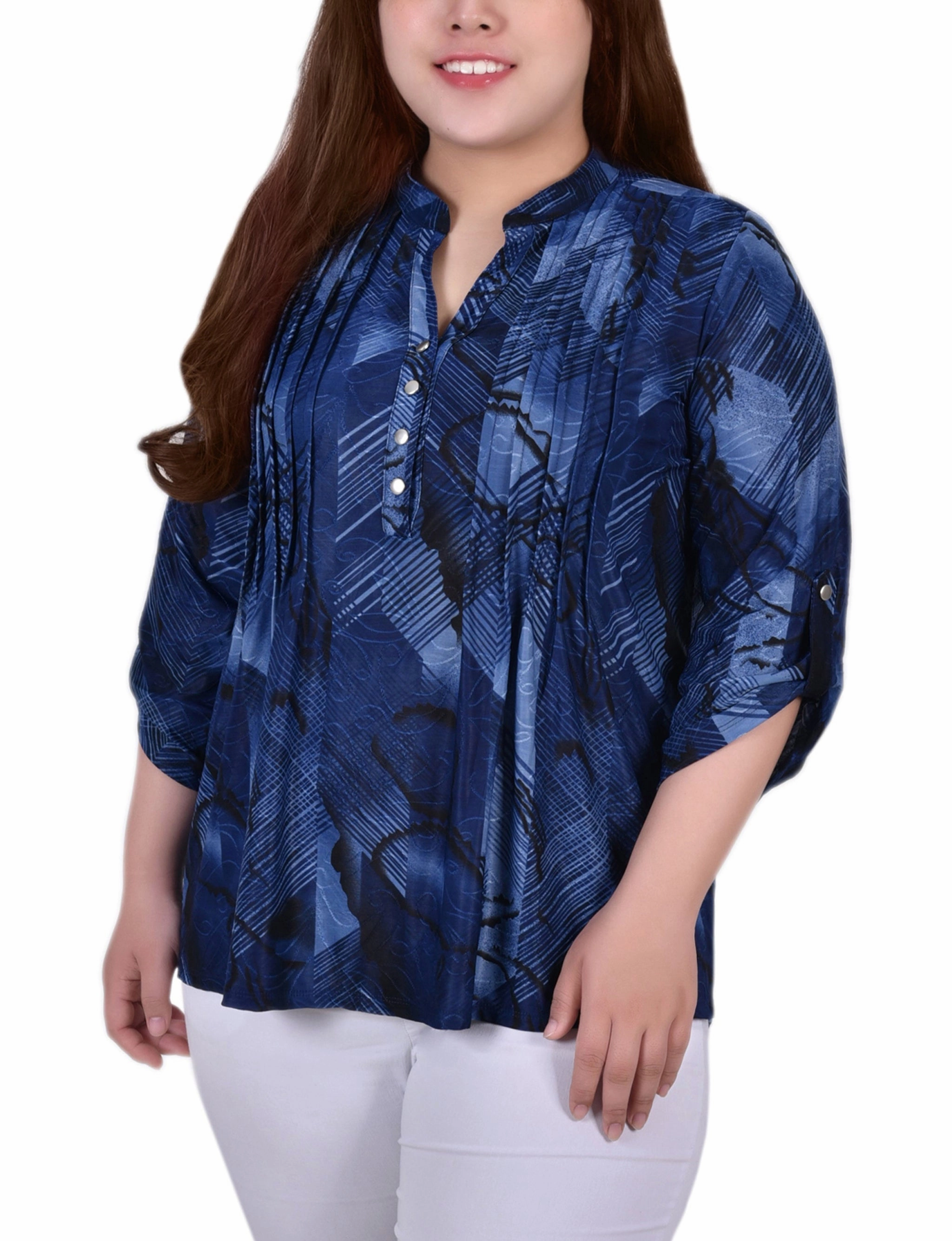 Plus Size 3/4 Roll Tab Sleeve Y Neck Top NonScratchSurface ReflectiveTrim