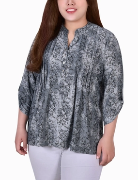 RecycledPolyester Plus Size 3/4 Roll Tab Sleeve Y Neck Top