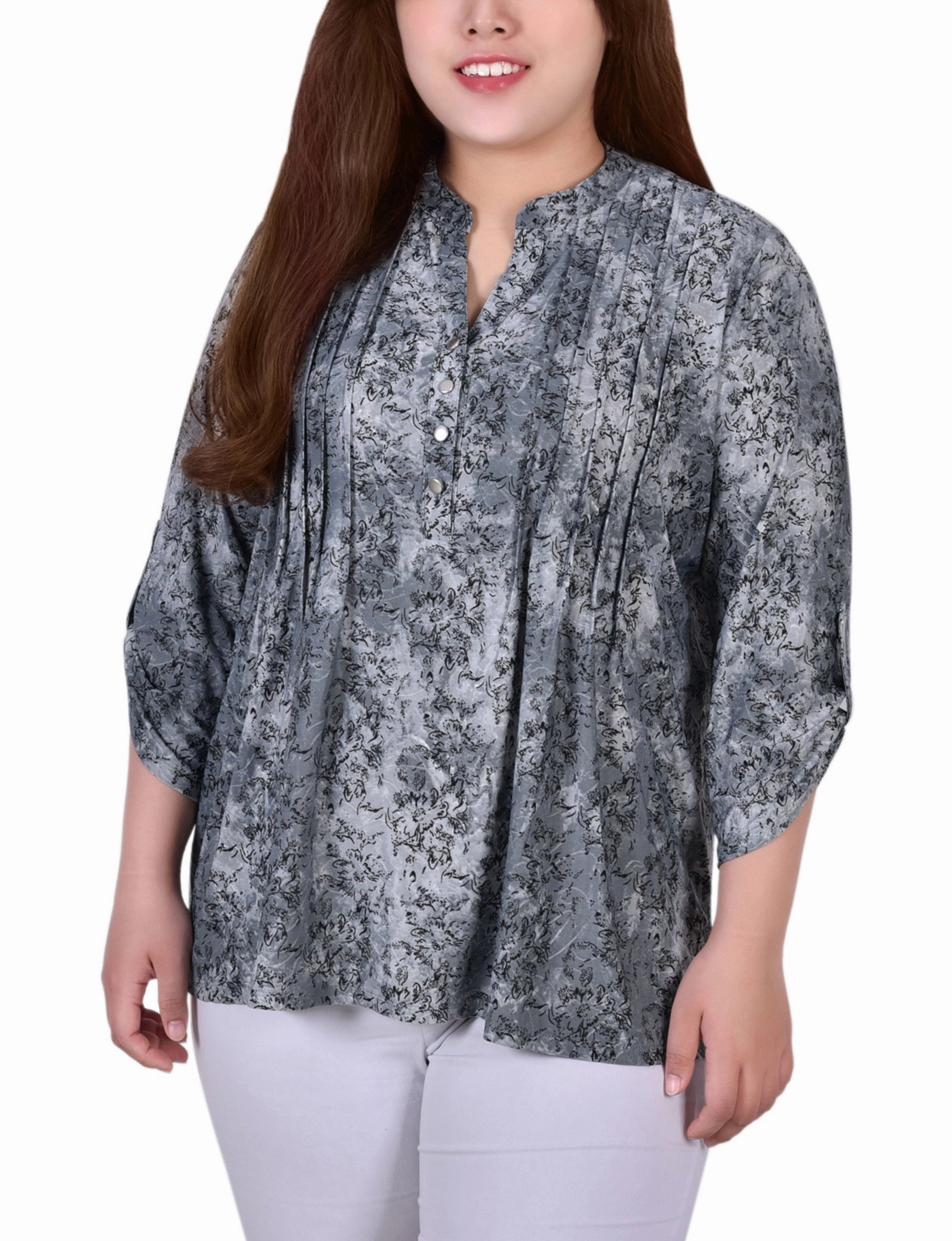 RecycledPolyester Plus Size 3/4 Roll Tab Sleeve Y Neck Top