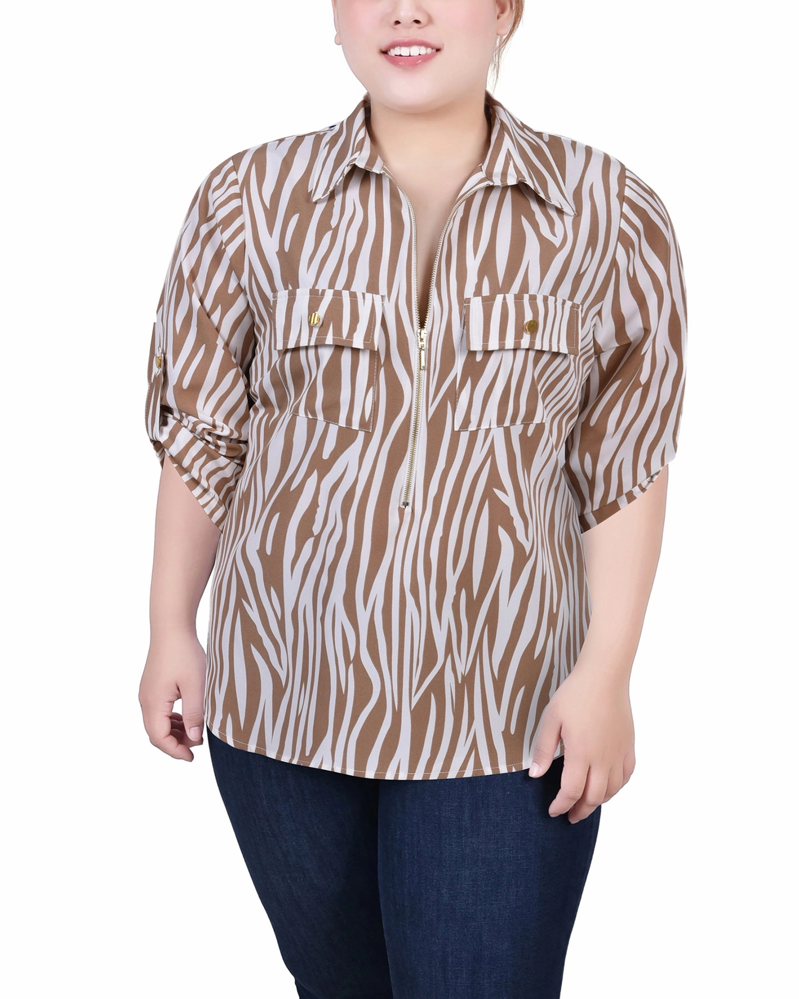 Adaptive Waistband Plus Size 3/4 Roll Tab Sleeve Zip Front Top