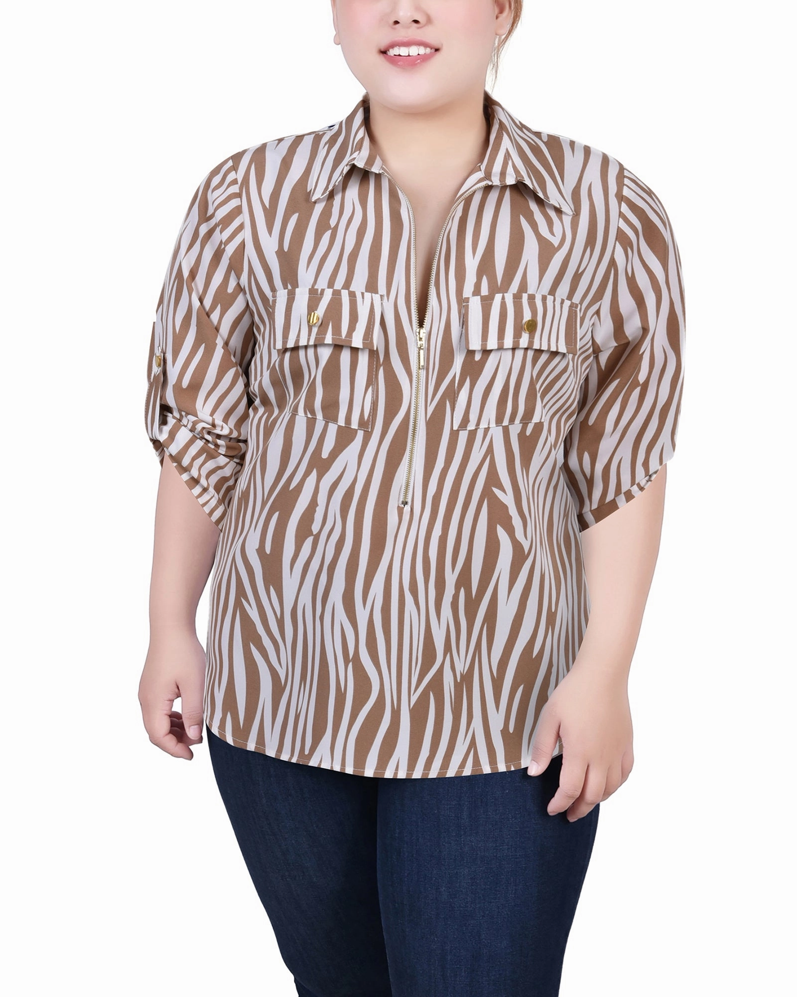 Ribbed Hem Finish Plus Size 3/4 Roll Tab Sleeve Zip Front Top