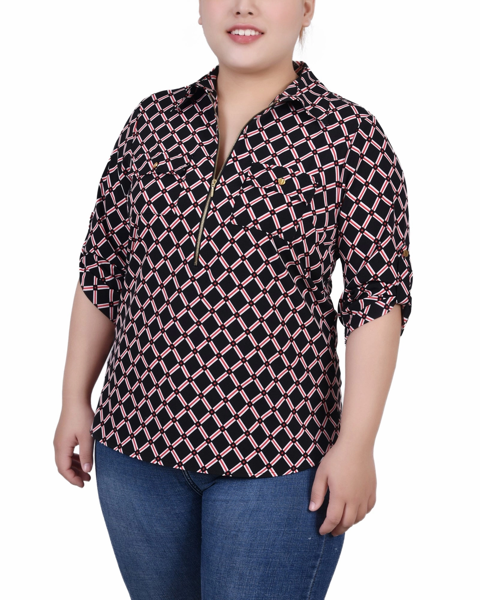 Plus Size 3/4 Roll Tab Sleeve Zip Front Top ZeroWaste Construction