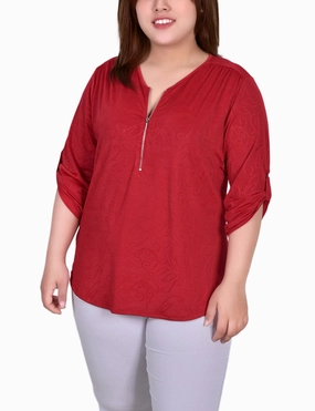 Plus Size 3/4 Roll Tab Zip Front Jacquard Knit Top AdjustableNeckline Reflective Trims