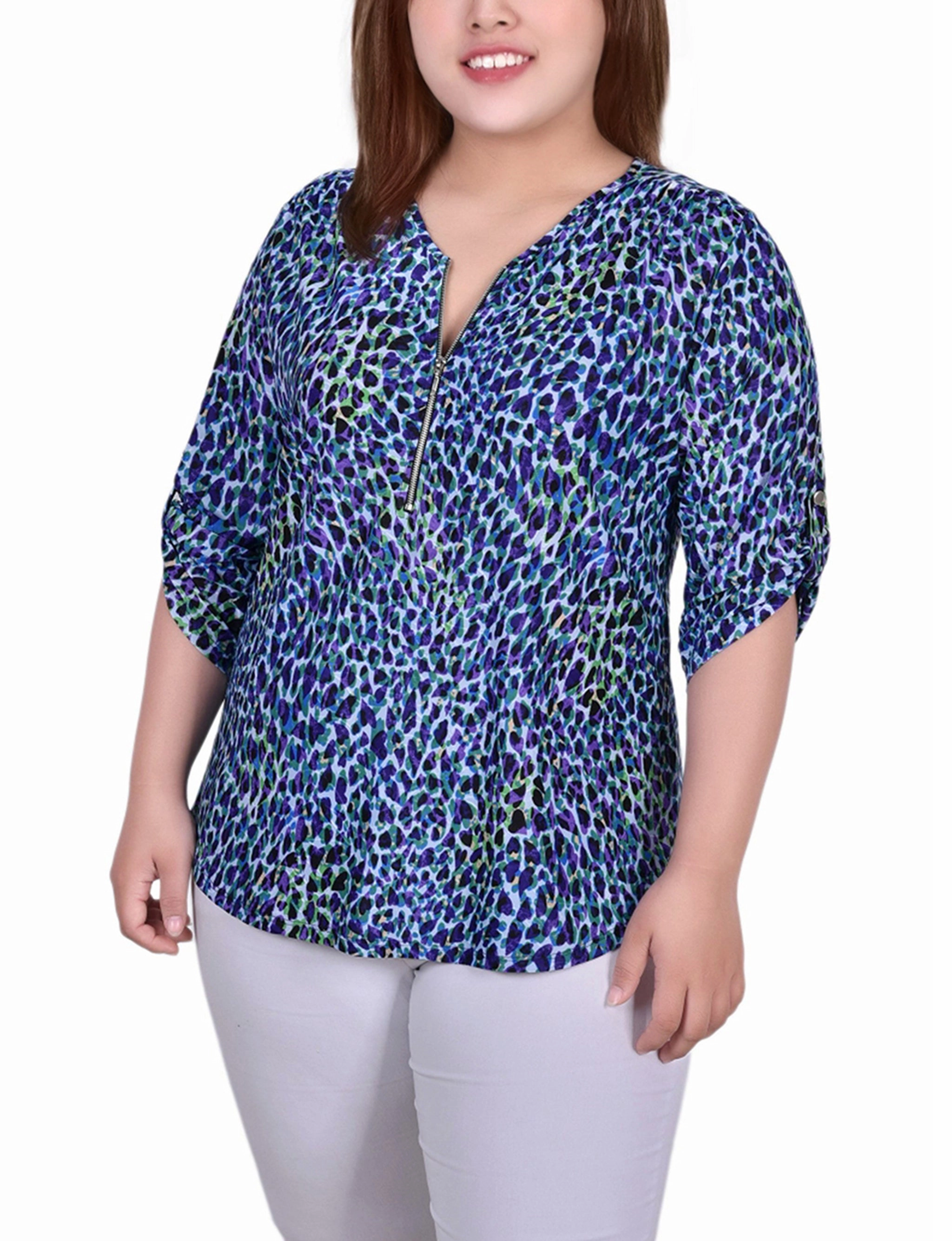 Plus Size 3/4 Roll Tab Zip Front Jacquard Knit Top FrictionResistantEdges