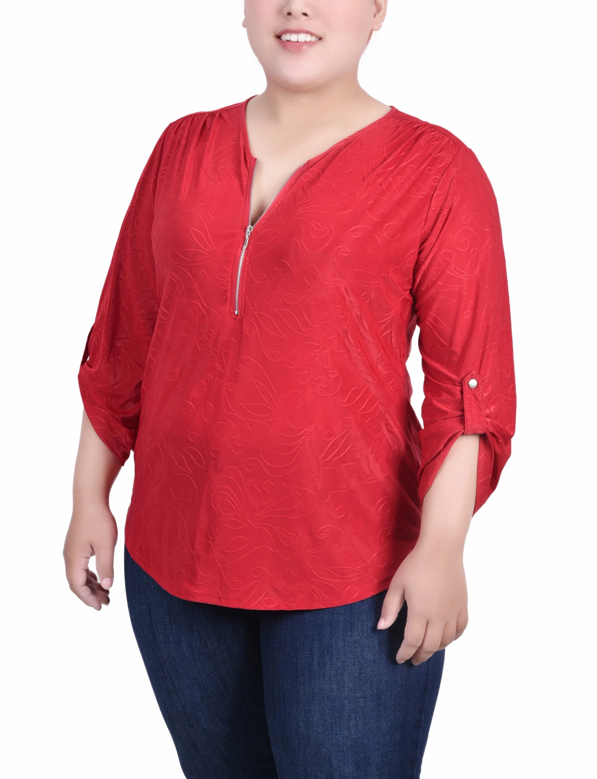 Plus Size 3/4 Roll Tab Zip Front Jacquard Knit Top UV Protective Coating Eco Friendly Dye