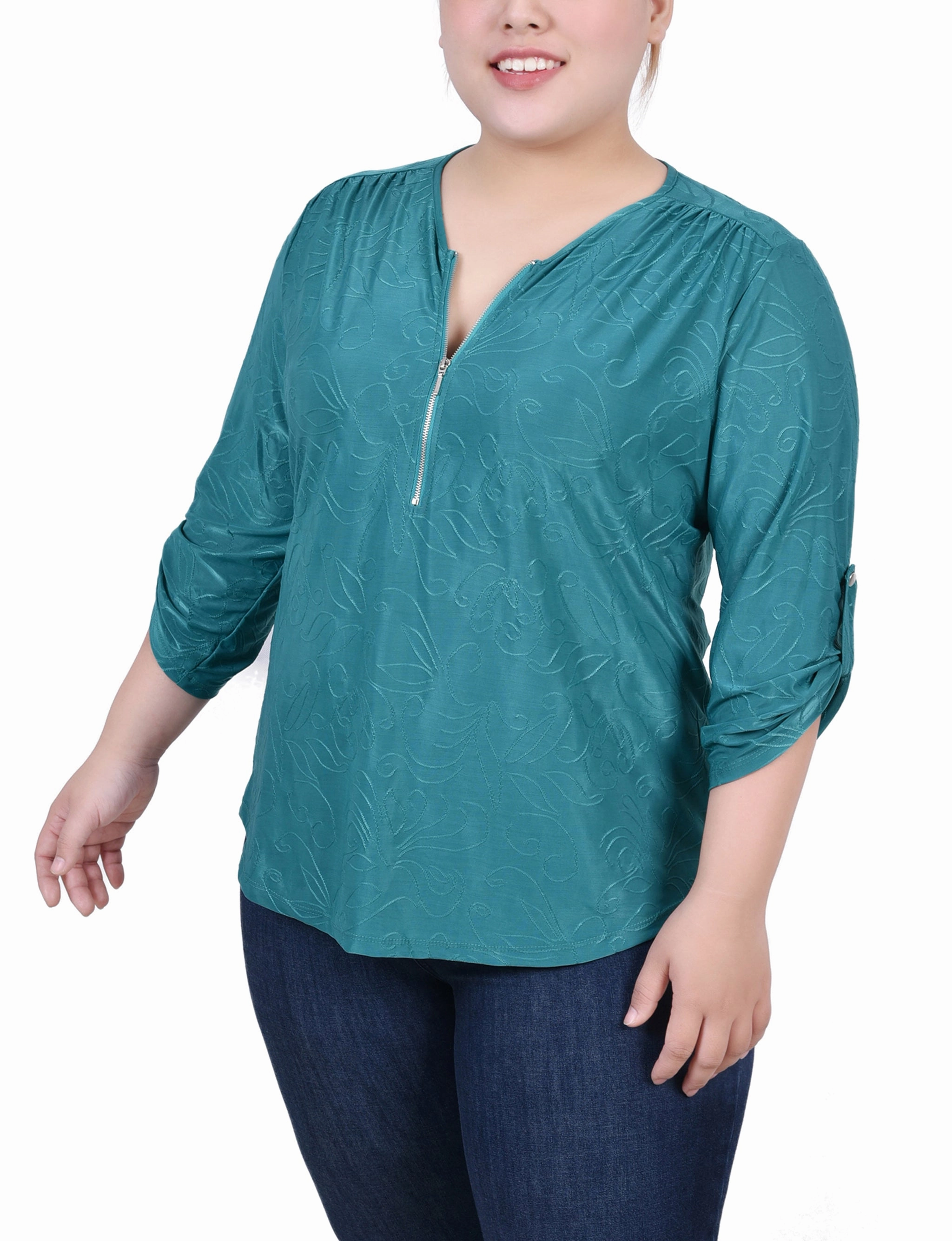 Plus Size 3/4 Roll Tab Zip Front Jacquard Knit Top Minimalist Silhouette Eco Friendly Blend