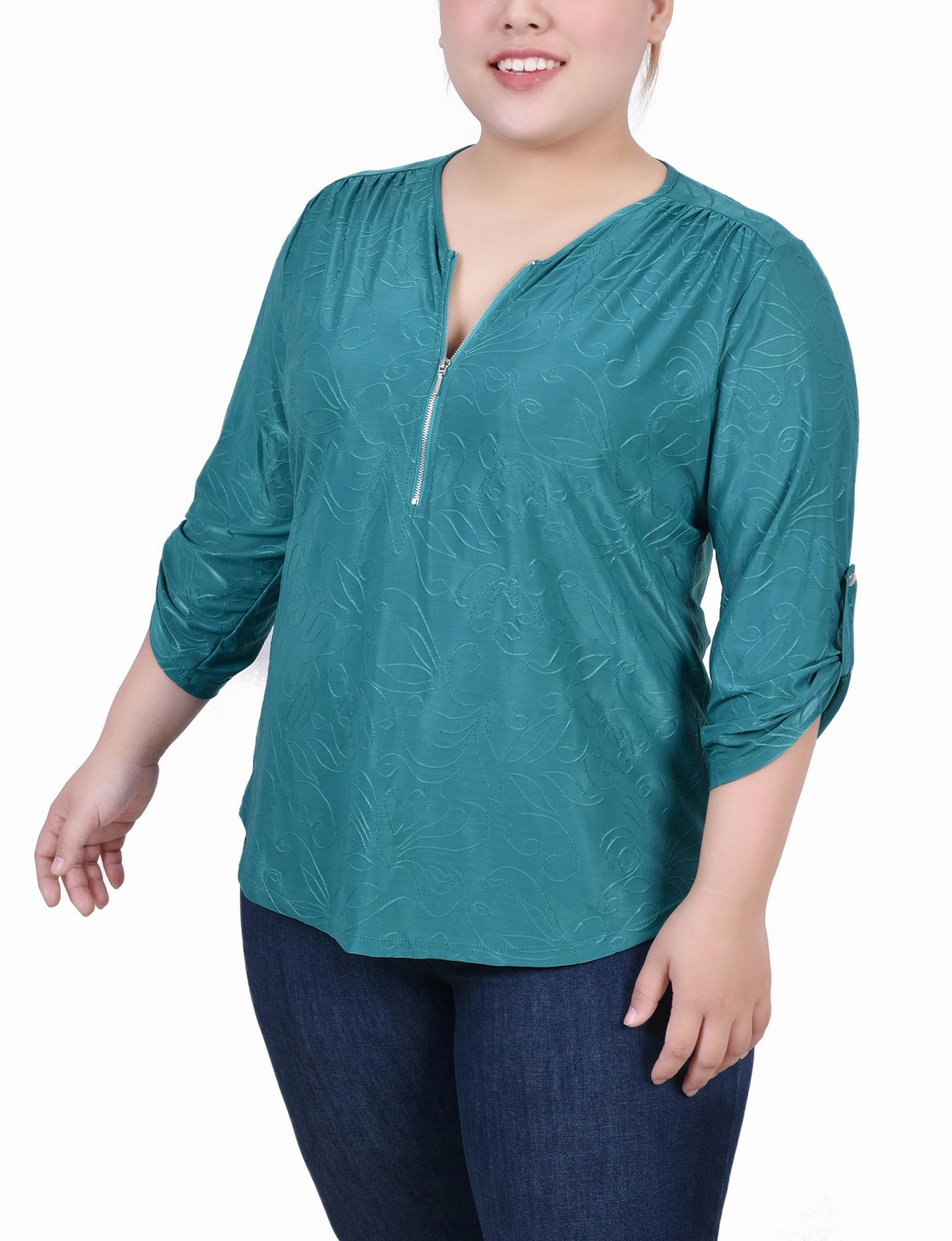 Stylish Dress Plus Size 3/4 Roll Tab Zip Front Jacquard Knit Top