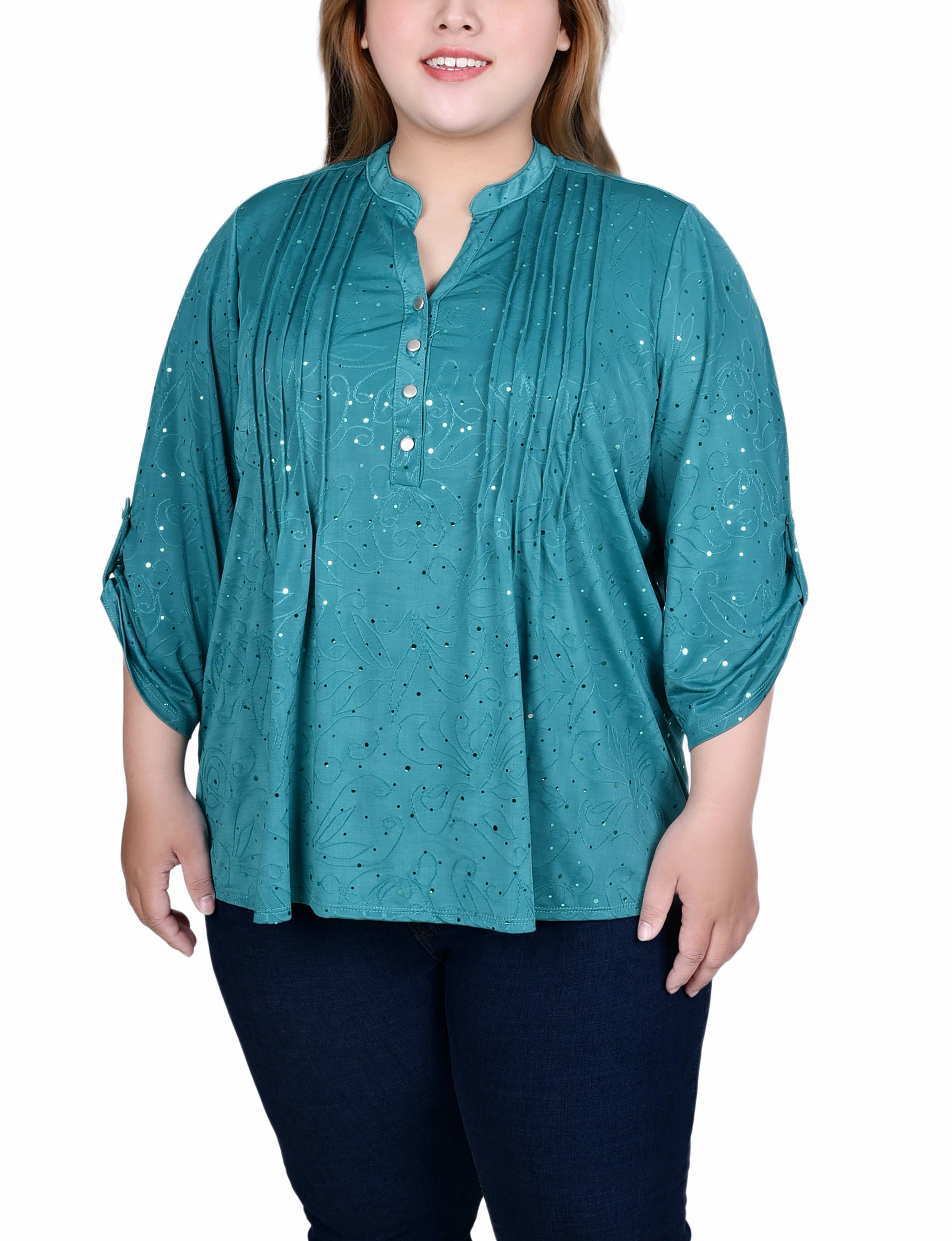Plus Size 3/4 Sleeve Roll Tab Y Neck Top High Visibility Trim