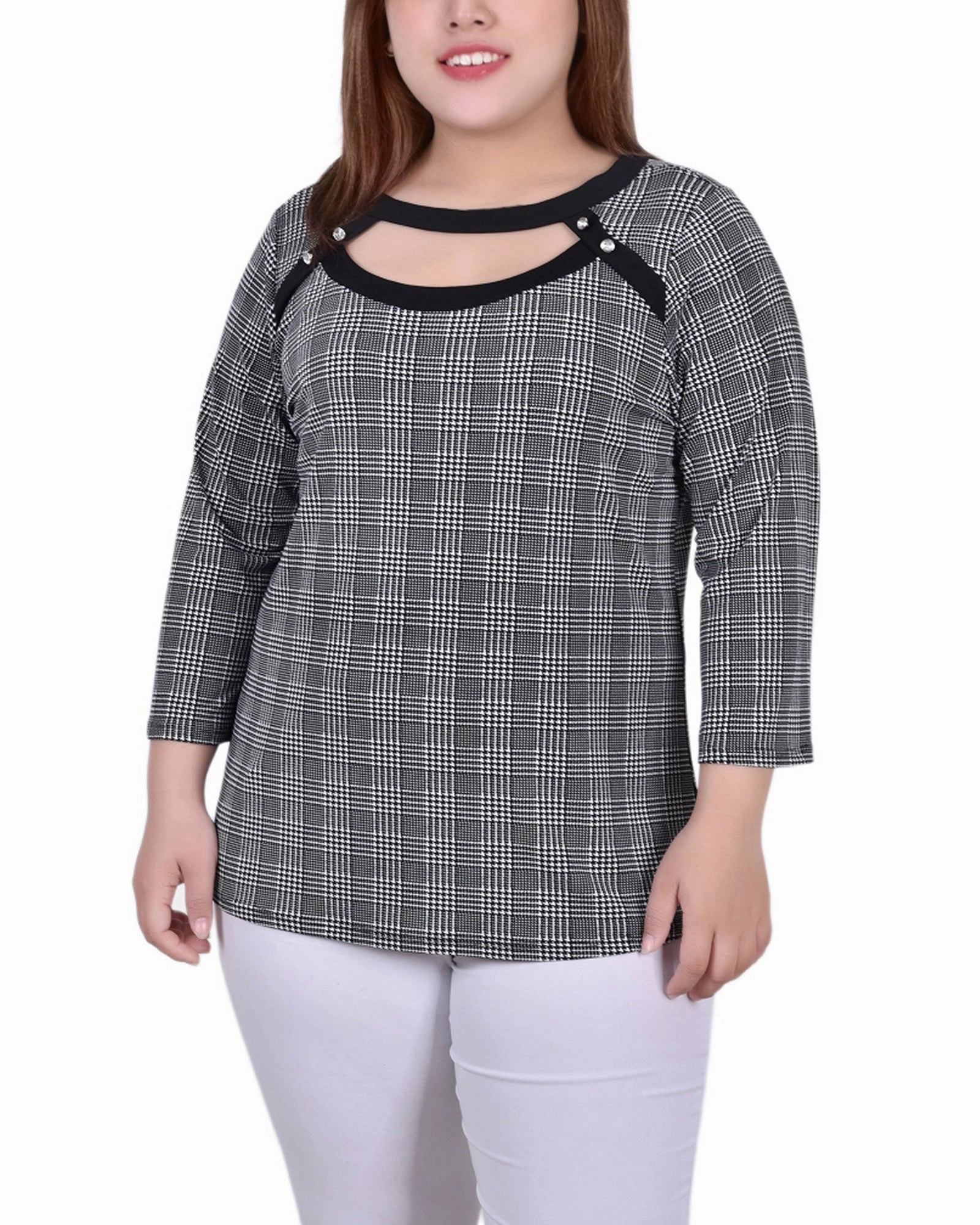 Plus Size 3/4 Sleeve Top With Combo Bands And Front Cutout UV protection layer