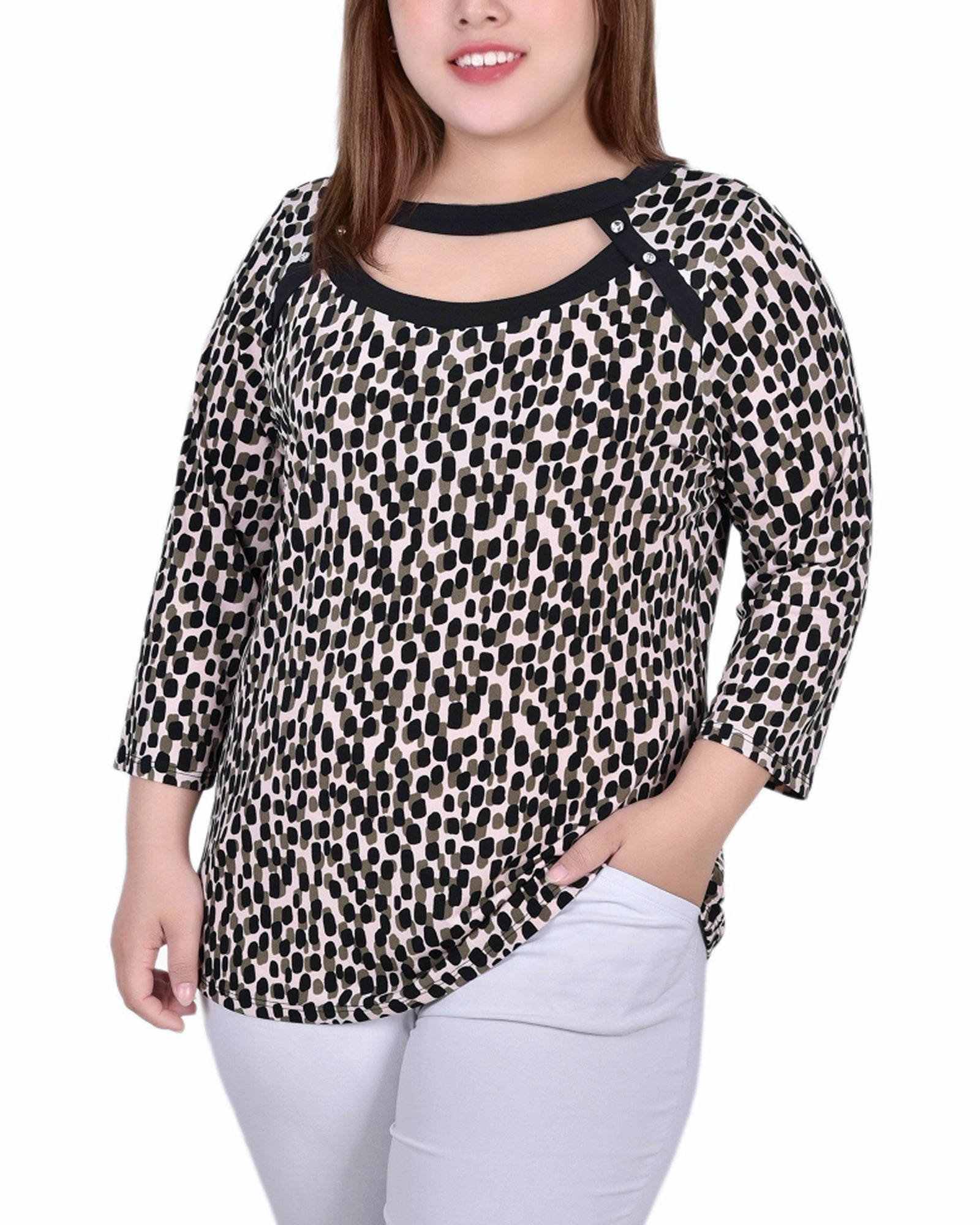FrictionResistant Edges UV protection layer Plus Size 3/4 Sleeve Top With Combo Bands And Front Cutout