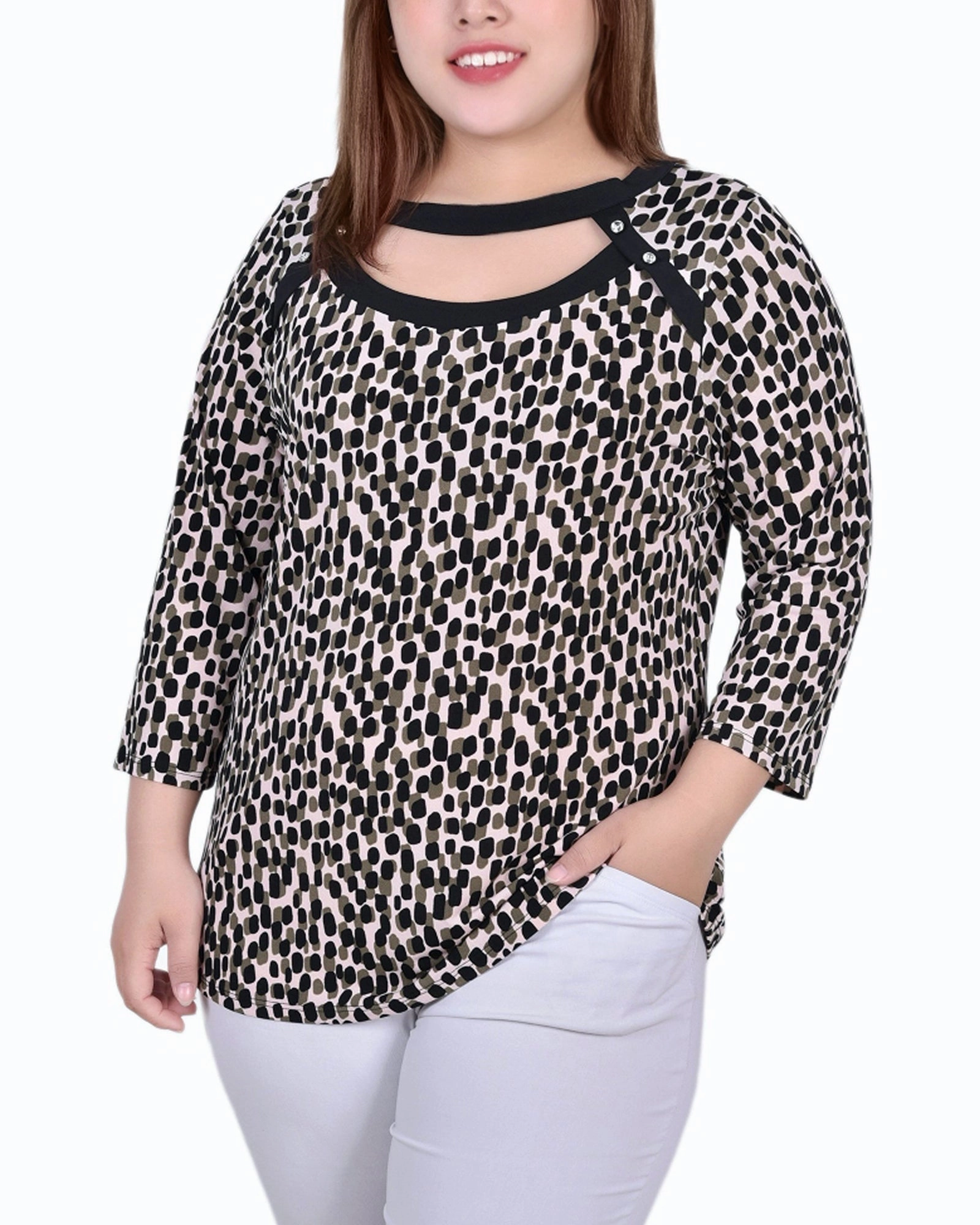 Contrast Topstitching Detail BondedEdges Plus Size 3/4 Sleeve Top With Combo Bands And Front Cutout
