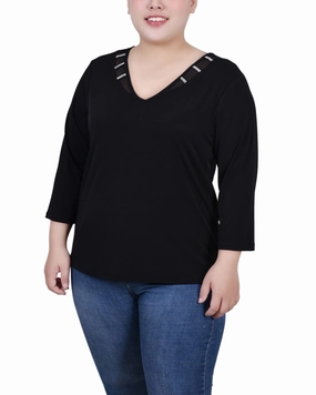 Comfortable Fabric AllClimateAdaptive Plus Size 3/4 Sleeve Top With Illusion Neckline and Stones