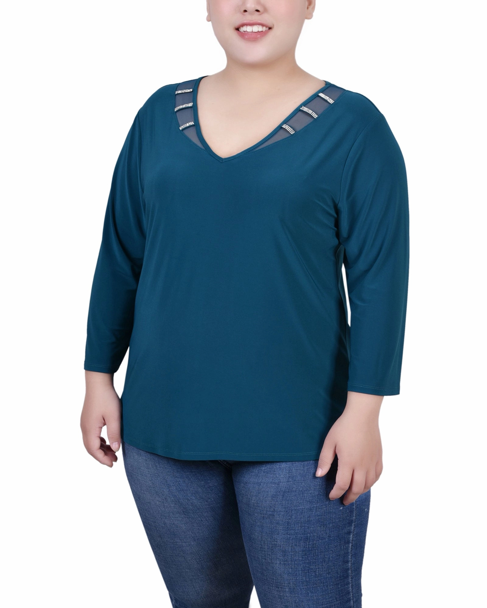 Plus Size 3/4 Sleeve Top With Illusion Neckline and Stones All Weather Performance Fabric Four Way Stretch