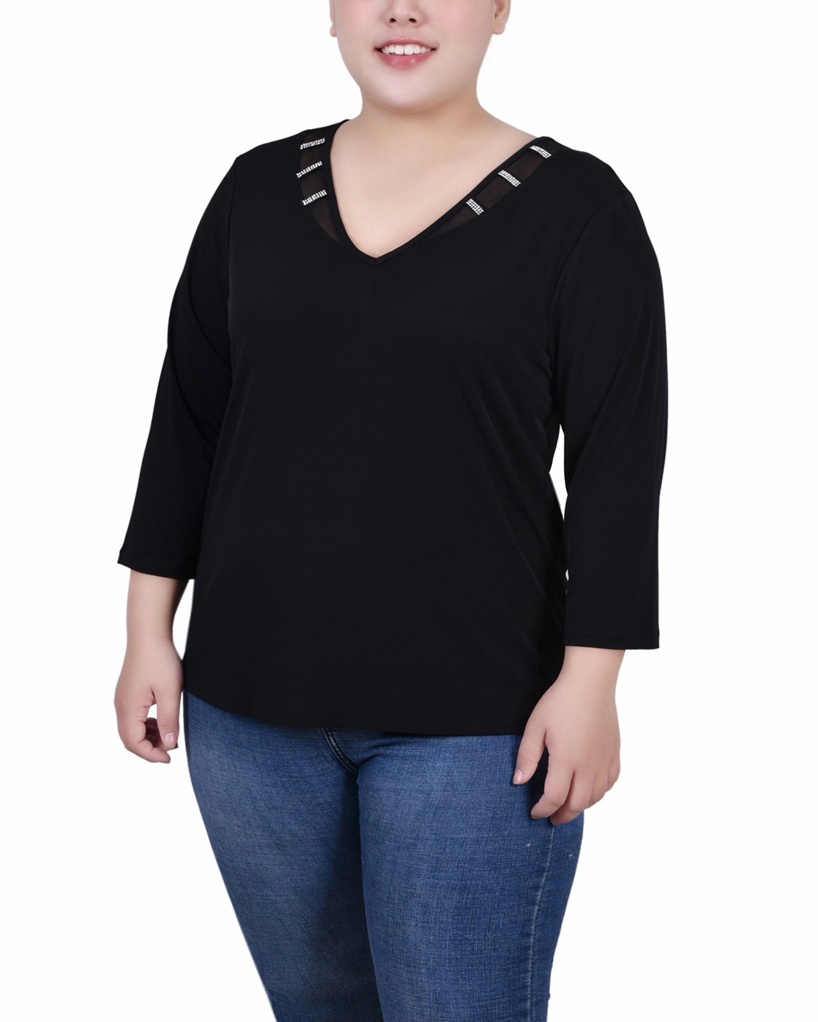 NonToxicCoating Plus Size 3/4 Sleeve Top With Illusion Neckline and Stones