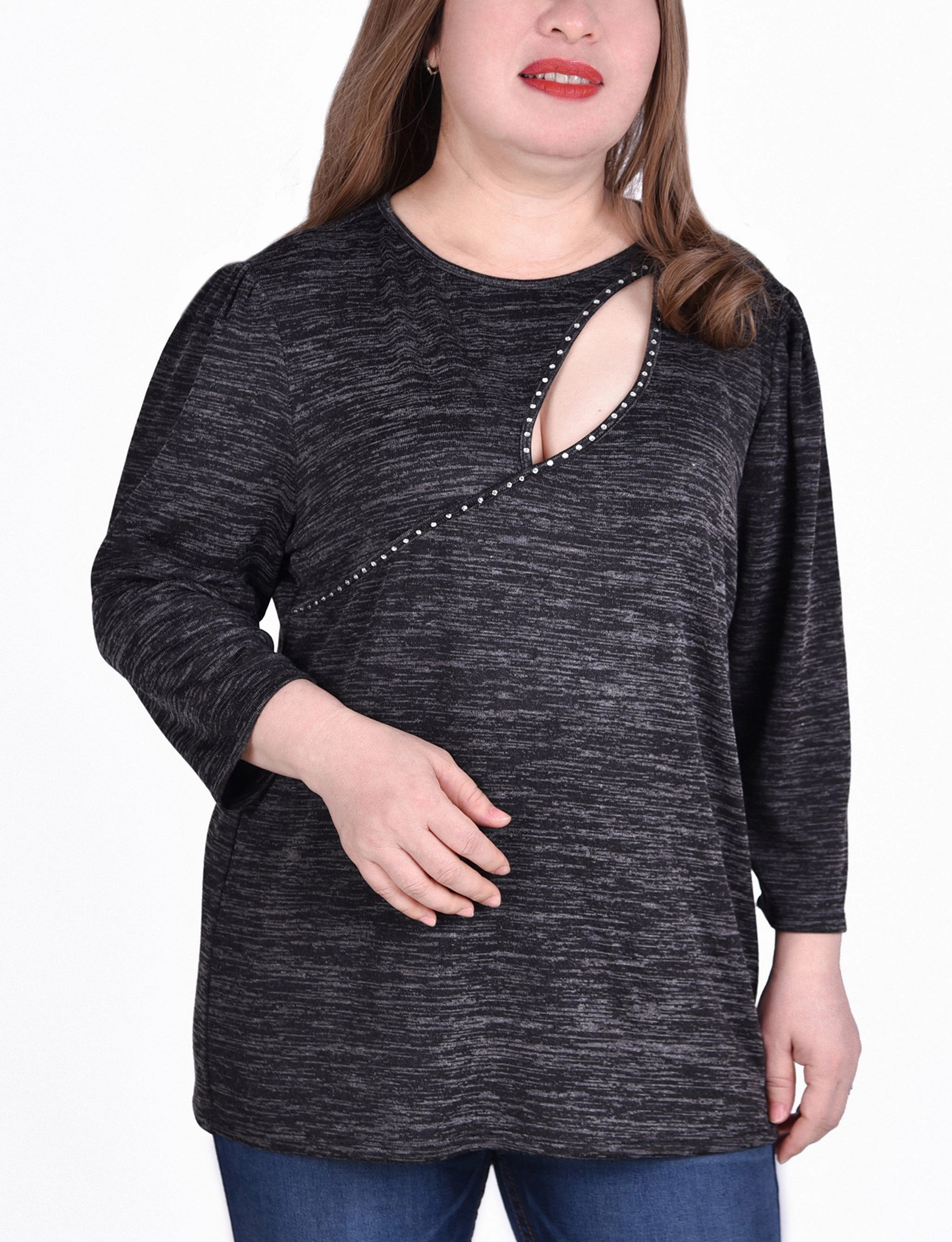 Breathable Material Plus Size 3/4 Sleeve Tunic Top With Front Cutout