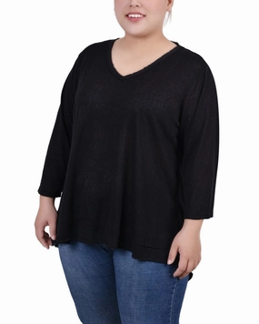 Plus Size 3/4 Sleeve V Neck Top LightweightWeave Flexible Knit
