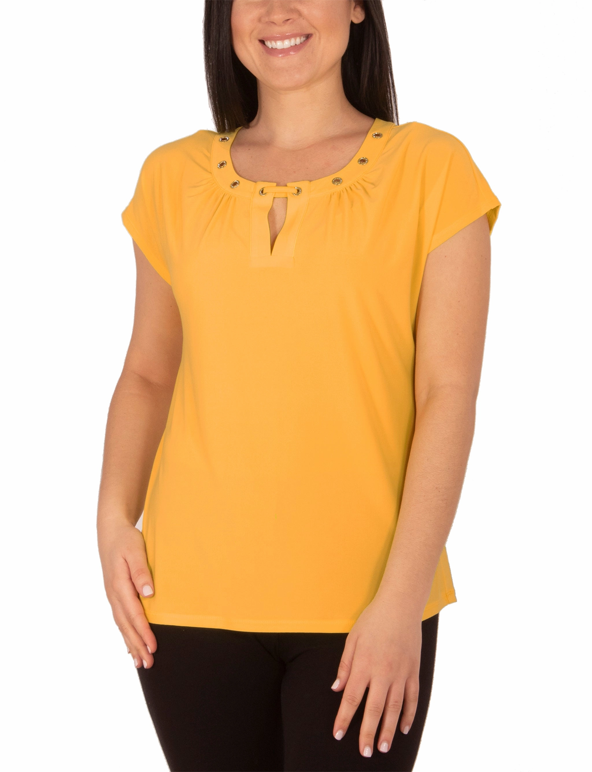NonScratchyLining Weighted Hem Trim Plus Size Cap Sleeve Top With Grommet Details And Keyhole
