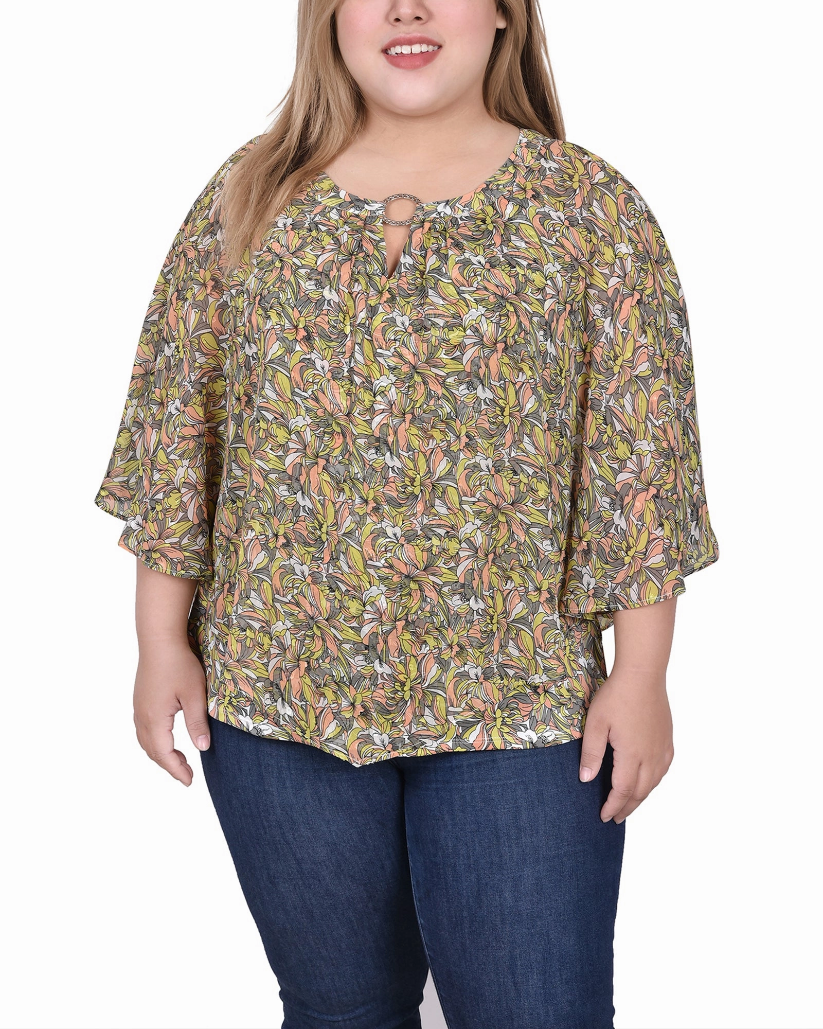 Plus Size Chiffon Poncho Top With Ring PocketDetails