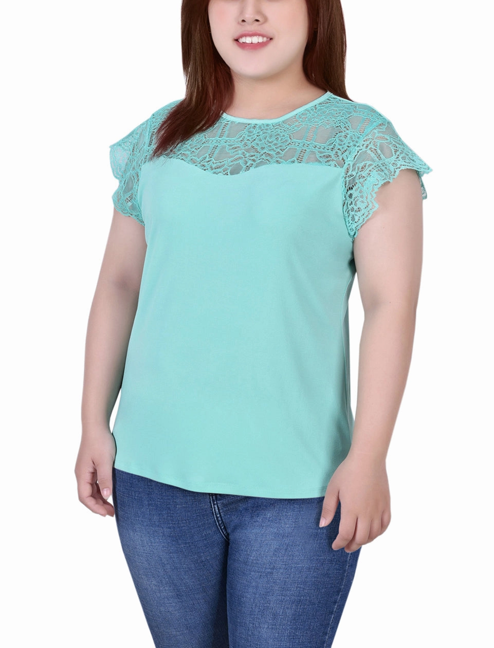 LongWearingComfort Flexible Material Plus Size Crepe Knit Top With Lace Flanged Sleeve and Yoke
