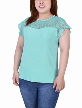 Plus Size Crepe Knit Top With Lace Flanged Sleeve and Yoke Multi Panel Cut