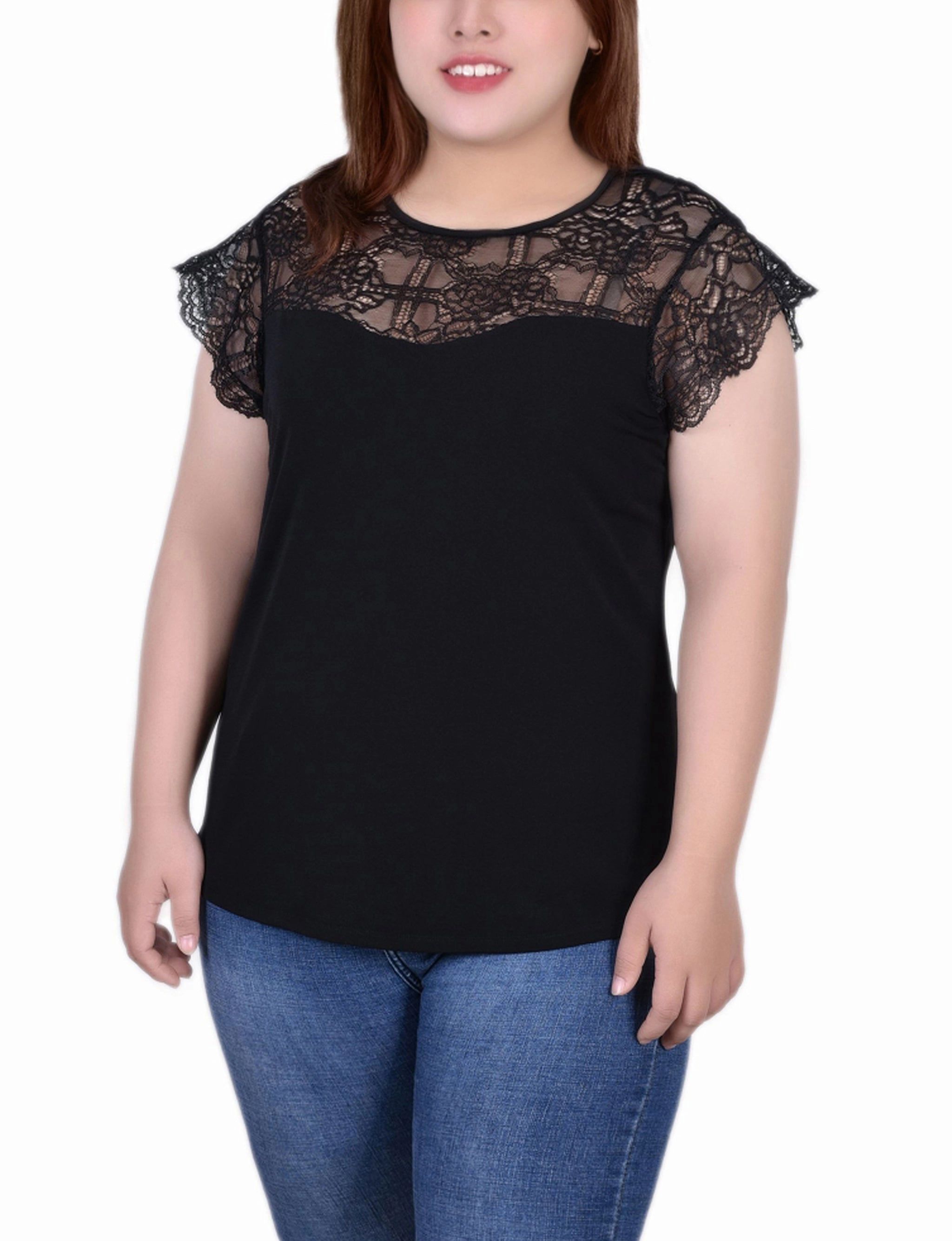 Plus Size Crepe Knit Top With Lace Flanged Sleeve and Yoke FlexibleLayeredConstruction