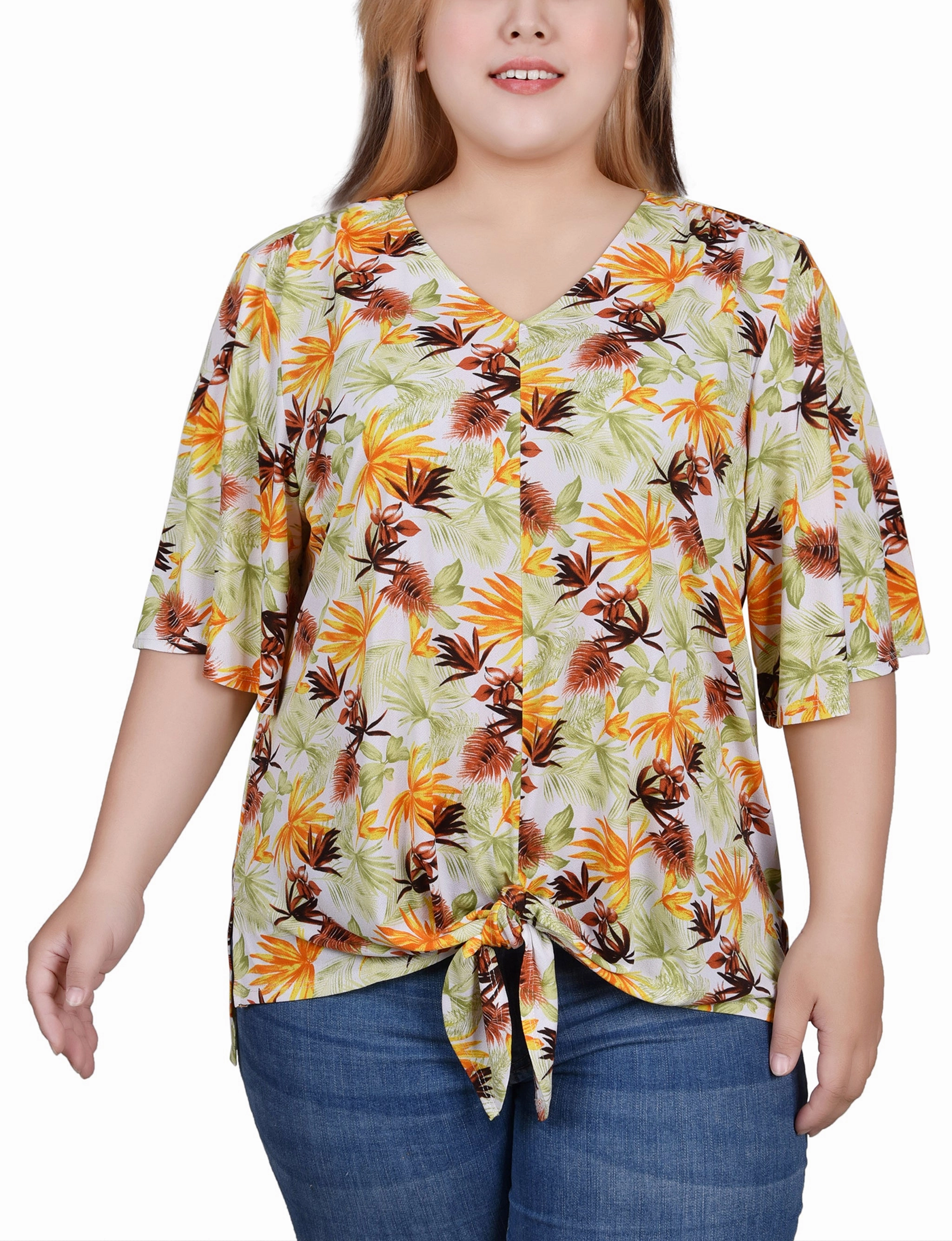 Plus Size Elbow Sleeve Tie-Front Top Soft Wool Breathable Knit Fabric
