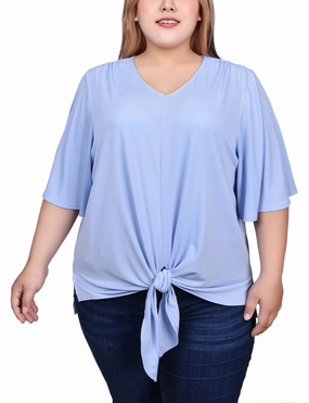 Ethical production VentilatedArmholes Plus Size Elbow Sleeve Tie-Front Top