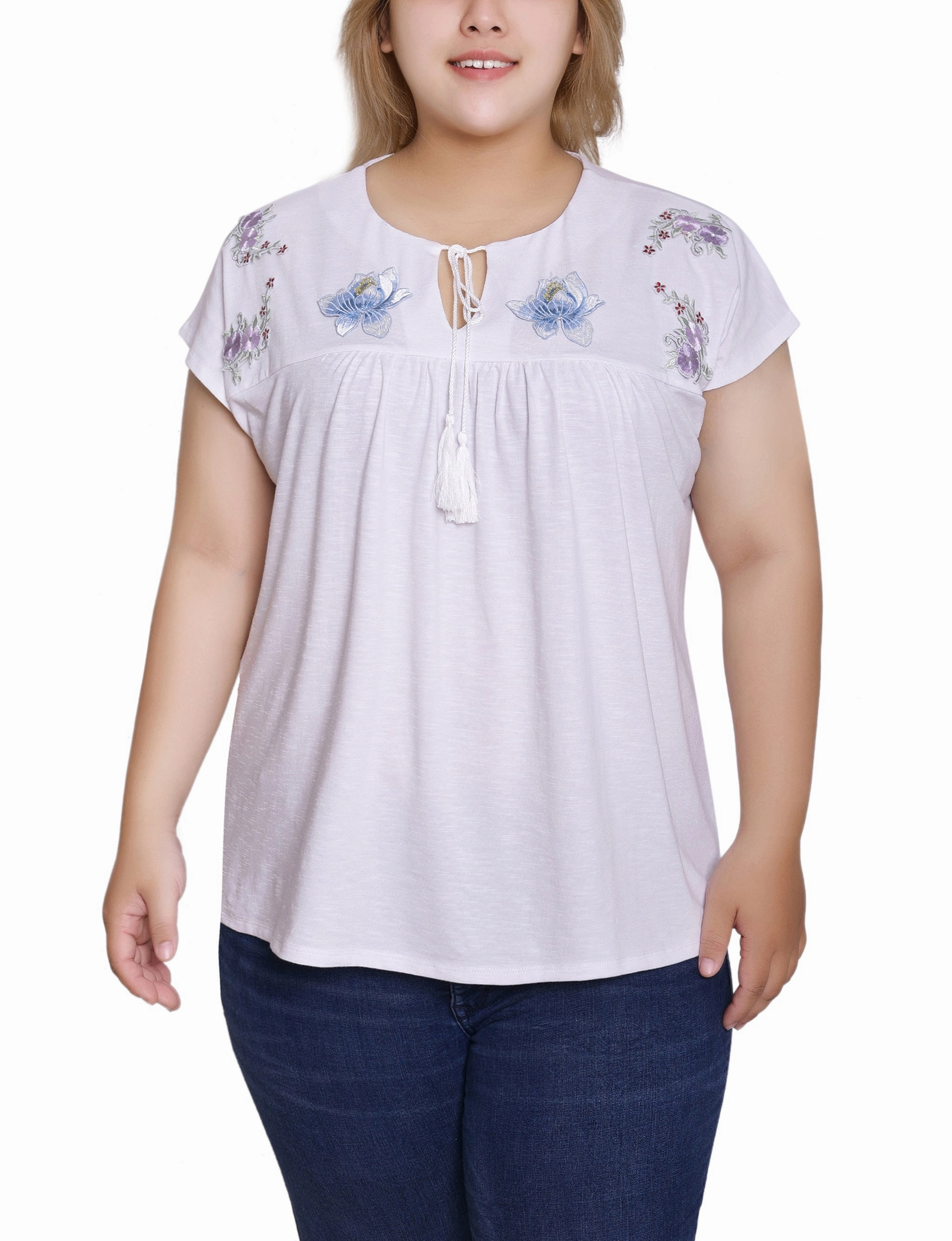 Plus Size Embroidered Yoke Extended Sleeve Top Quick Release Fasteners DoubleStitchedHem