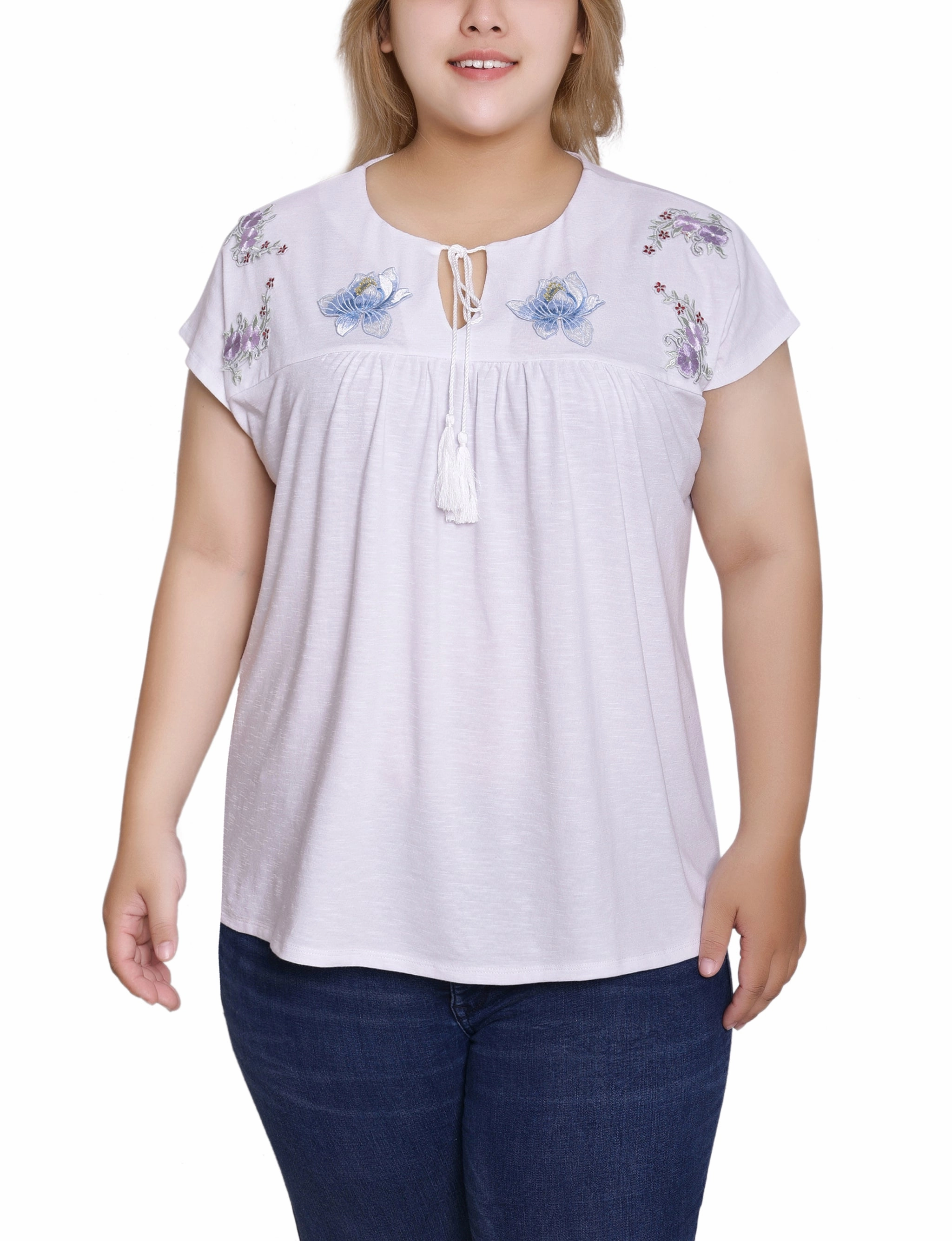 Layered Collar Simple Pullover Plus Size Embroidered Yoke Extended Sleeve Top