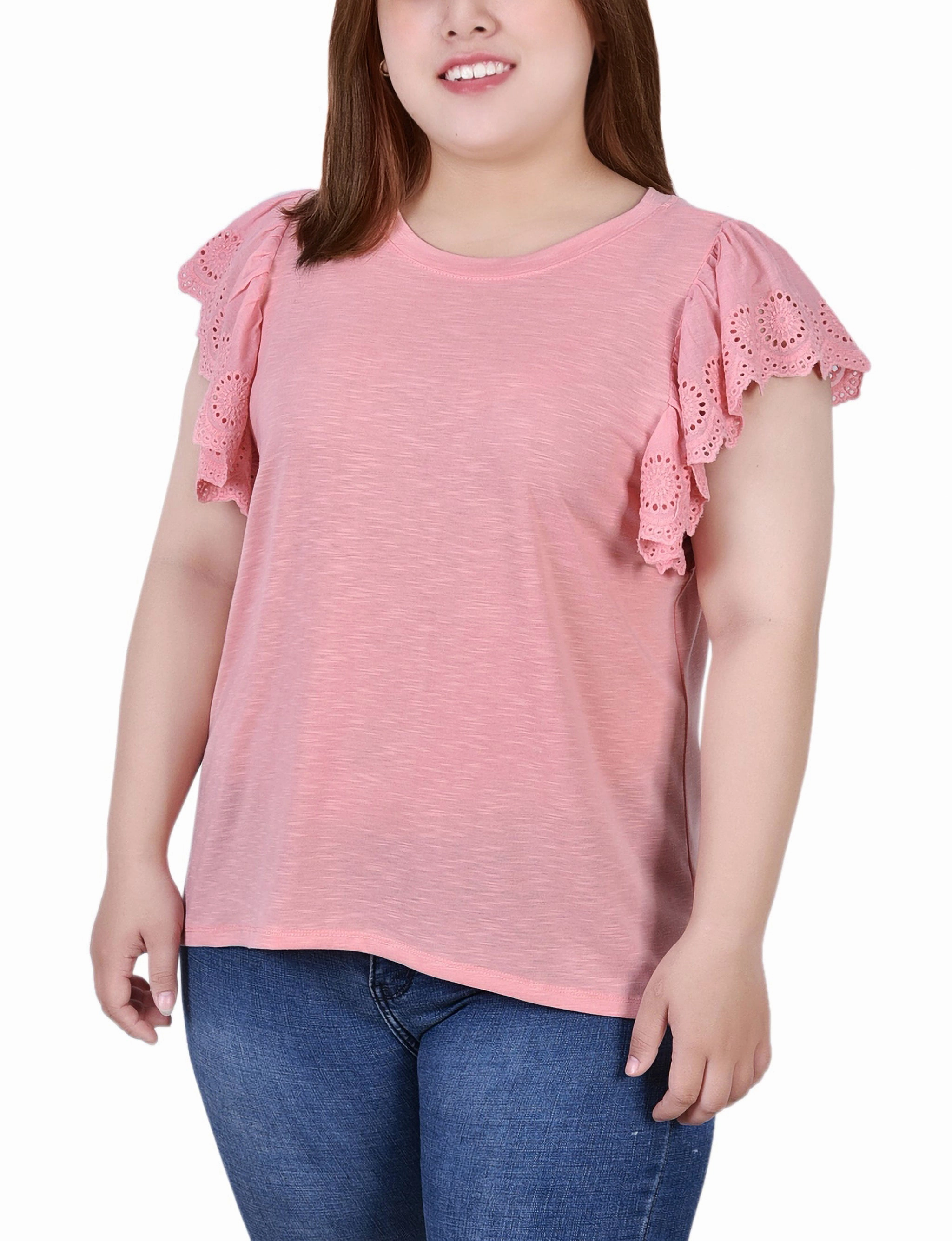 Fitted Shirt NonChafingEdges Plus Size Flutter Sleeve Slub Knit Top