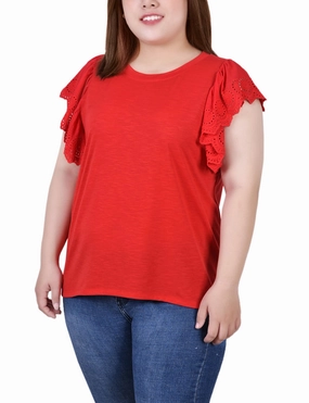 Plus Size Flutter Sleeve Slub Knit Top FlexibleRibbing